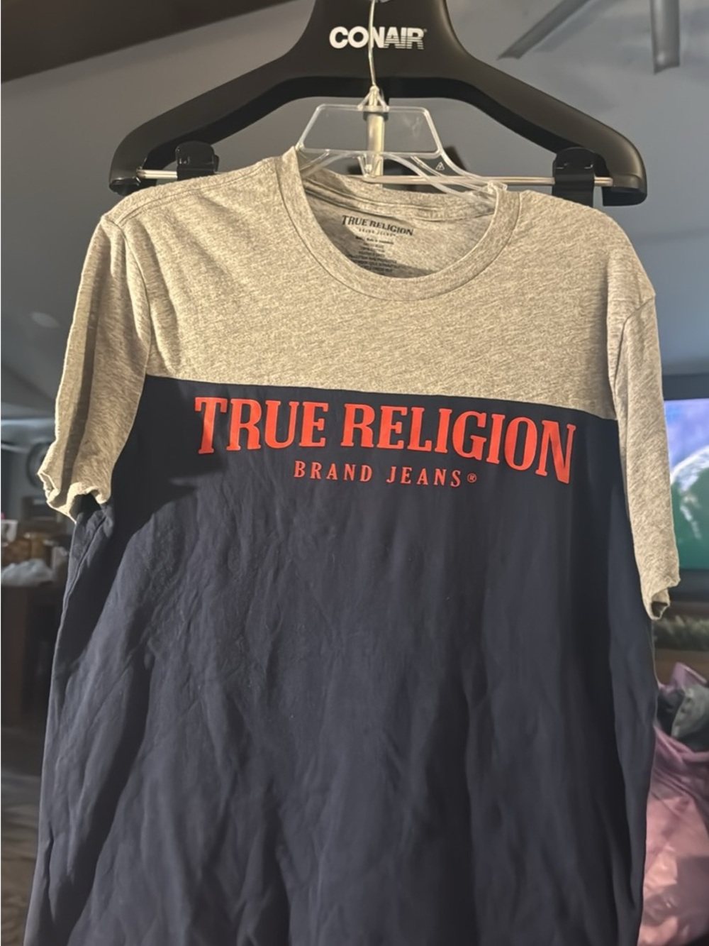 True Religion Two-Tone Navy and Gray Short Sleeve Tee with Red Logo#127